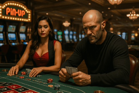 Jugador en mesa de póker en PinUp casino Honduras con ambiente de película
