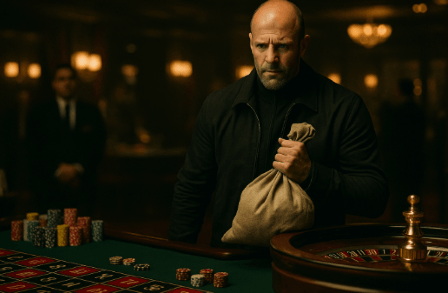 Hombre sosteniendo un saco de dinero junto a mesa de ruleta en PinUp casino Honduras